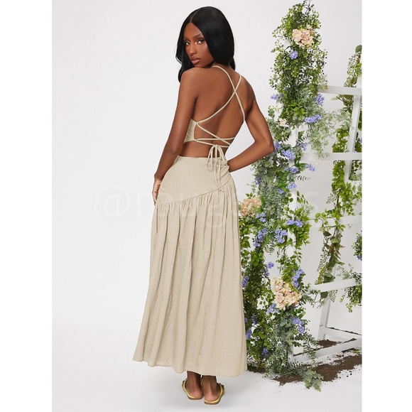 Linen Asymmetrical Beige Dress Cut Out Ruched Maxi Lace Up Back - Picture 2 of 8